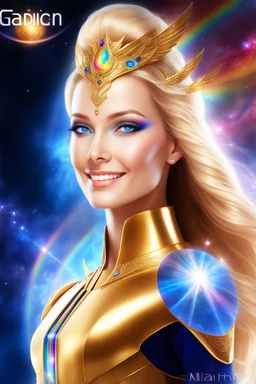 cosmic woman angels smile,admiral high commander from the future, one fine whole face, crystalline skin, expressive blue eyes,rainbow, smiling lips, very nice smile, costume rainbow pleiadian, Beautiful tall woman pleiadian Galactic commander, ship, perfect datailed golden galactic suit, high rank, long blond hair, hand whit five perfect detailed finger, amazing big blue eyes, smilling mouth, high drfinition lips, cosmic happiness, bright colors rainbow, blue, pink, gold, jewels, realist,8k