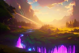 golden waterfall falling from clouds into meadow,epic, hyper detailed, digital painting, elegant, centered, detailed, neon signs, 8k, shining, heaven, many happy people, dampf,