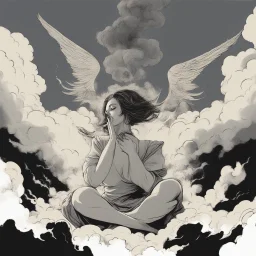 woman sitting forward Her face upward and blows cigarette smoke from their mouth upward. a figure with wings emerging from its back. behind the clouds of smoke look death. dark and mysterious