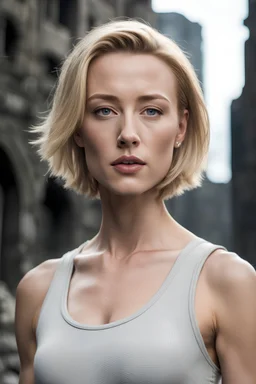 32k uhd, a close up portrait photo of 18yo, mix young (gillian anderson rose namajunas jeri ryan), short haircut, pale skin, hyper muscular body, background is city ruins, (high detailed skin:1.2), 8k uhd, dslr, soft lighting, high quality, film grain, Fujifilm XT3