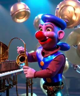 mechanoid clown playing jazz with a steampunk theme, trumpet, realistic