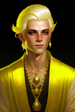 young man tiefling with white blonde hair and gold jewelry, wearing white and gold, wealthy