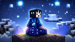 Minecraft Character, minecraft theme, purple starry sky, meditating, facing back, wearing gown, chinese theme, minecraft style