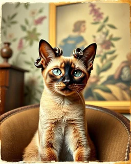 Create an old hyper realistic photo of an Oriental shorthair Siamese cat sitting in a chair with curlers on her head. In an old fashioned background with a nice botanical wallpaper, an old painting in the background. A vintage look, soft colors, a grunge filter.
