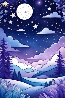 imagine a starry night sky filled with whimsical elements like crescent moons, shooting stars, and fluffy clouds. Create a design that captures the magic of a dreamy night, leaving room for coloring the sky in calming blues and purples while adding a touch of enchantment to the celestial elements.