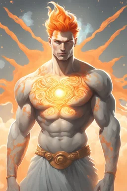 full body picture of a slim muscular god with galaxy's in his eyes, glowing orange hair that looks like it's made of the sun, a light gray body made of clouds with glowing cracks of orange within it in cloud patterns, he wears greek god like clothing that looks as if it's made of ice and water. realistic 4k