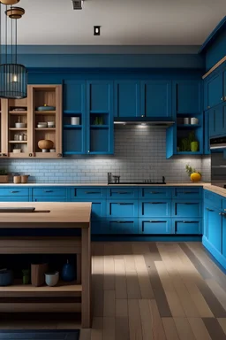 marine blue kitchen with oak over cabinets
