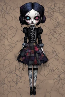 full color, full body illustration of a dark menacing Victorian goth vampire girl, ala Wednesday Addams, as a decayed, broken, crude homemade patchwork cloth doll toy, with contrast stitching across her patchwork face, hair made from ragged strips of cloth, art in the style of Alex Pardee and Tim Burton