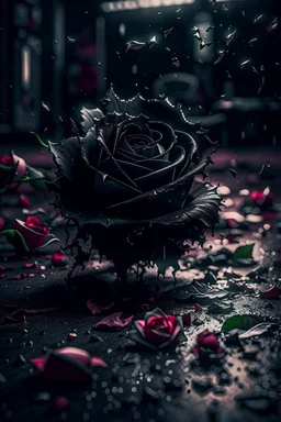 image of a black rose, petals are falling to the ground, each petal has a cinematic scene on it like an old cinema movie scene, one of a fighting couple, the other of them laughing, a third one of a girl crying, the theme is built around the picking of petals while saying he loves me, he loves me not, cinematic lighting, 8k highly detailed, surreal and striking