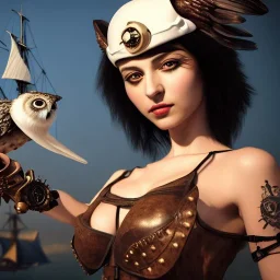 realistic, young cute girl with sword, short black hair, holding a owl. black tatoo on arm. dressed a steampunk pirate, bra with carved leather. Salvador dalì style. Ships in background with high details. 4k, unreal engine.