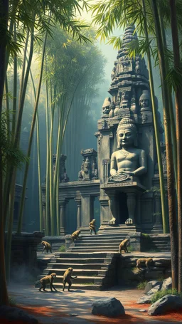 An old temple surrounded by bamboo trees with big ancient statues in India with monkeys here and there climbing , Busch painting style nightmare