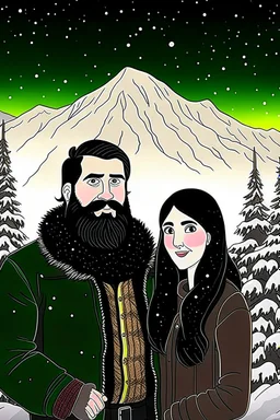 Mountain Christmas scene, dark haired couple, man with black beard