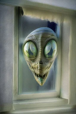 Alien face pressed up against the window