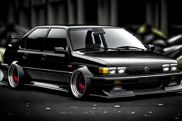 genarate me a image that is modified nissan b211 car with outsided wheels and lights like digital circle with mat black color,wheels should be 20 inch size