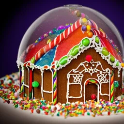 an intricate gingerbread house with vibrant candy and rainbow sprinkles under a glass dome on a darkwood table, 8k resolution, centered, high-quality, ultrafine-detail, digital art, flickering light, detailed matte, volumetric lighting, illustration, 3D octane render, brian froud, howard lyon, ben goossens, George Grie, greg rutowski, alphonse mucha