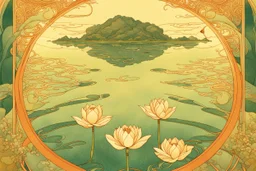 Bordered digital illustration of a Lotus Reflection by Victo Ngai. Art nouveau, Tarot card. High quality, masterpiece.