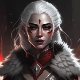 pretty woman, in 20s, white hair, red birthmark on forehead, hide fur armour, cleric, magic, medieval, fantasy, calm, round face, illustration, cinematic, poster, dark fantasy, skyrim