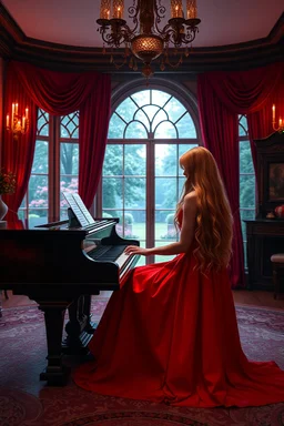 A hyper-realistic , an mysterious woman in all red dress, with very long blonde hair , playing piano in the living room of a huge mansion near a window showing a beautiful garden outside, vibrant colors,, 64K, hyperrealistic, vivid colors, (glow effects:1.2) , 4K ultra detail, , real photo