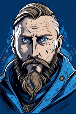Create a captivating 2D vector illustration of a viking man long blobnde hair, and, big blue eyes, he looks like Travis Fimmel, Tom Hardy and Tom Hardy combined giving him a Fearless, Mighty, Fierce,Savage and brave appearance. The illustration should have an Rugged, Majestic, Nordic, Warrior, Adventurous, Thunderous, Honorable vibe, with a sticker-like quality. Use a 2D flat style, centered composition, and vector graphics for a sleek, modern, and minimalist look. For a professional and graphi
