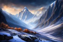 A valley through Himalayan winter mountains. a mountain 3 times higher that the rest at the end of the valley. h. r. giger. fantasy concept art, exquisite realism, a masterpiece, dynamic lighting, hyper detailed, intricately detailed, deep color, Unreal Engine, volumetric lighting , Epic cinematic brilliant stunning intricate meticulously detailed dramatic atmospheric maximal,