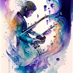 create a watercolour painting ,In this artwork, a musician addicted to a mystical substance is shown playing a magical instrument. Each note and melody produced sends ripples through the air, creating visual representations of the various fantasy worlds the musician is exploring in their mind. The music acts as a gateway to these other dimensions, and the addiction is symbolized by the musician's dependence on the substance to access their extraordinary musical abilities.