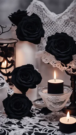 white lace fabric background.black roses with candles.cinematic