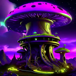 A fantabulous black, purple and green (((mushroom tower house))) erected atop a (geologic pillar), surrounded by the uncanny imaginative ((( swirling skies))), offset by the stark hues of a (neon-tinged nebulous space scape), within. captured by the hand a skilled master painter with a focus on (softly blurred compositions and voluminous lighting).