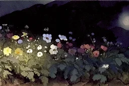 Landscape with night, mountains, flowers, rocks, winslow homer watercolor paintings