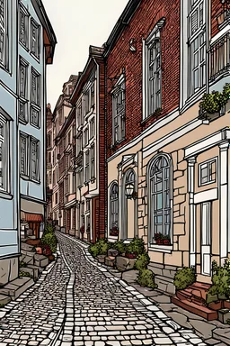 streetscape illustration showcasing an old corner and street . Cobblestone pathways, historic buildings with charming architectural details,line drawing ,vived colors