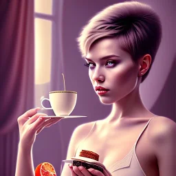 fantasy art, movie poster, sexy short haired woman enjoying tea by the mirror