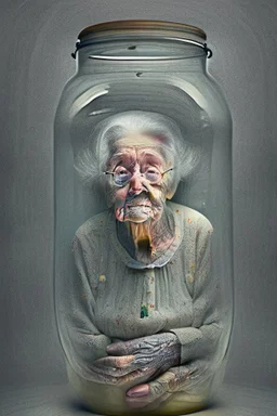 Elderly woman in a huge jar