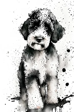 Abstract wet watercolour of a black and white bernadoodle, ink lines, splashy background detailed,focus on eyes, watercolour paper