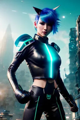Futuristic amime warrior, waist up portrait, physically fit, latex and leather attire, green hair, blue eyes, one pair of ears, intricate eyeliner, vibrant eyeshadow, clear completion, soft lighting, 4k resolution, intricate details, insanely detailed, colorful cityscape background, masterpiece, expert, cinematic smooth, retroanime style, realistic details, no helmet