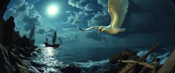 fish eye lense, pin hole cam, master oil painting by Rembrandt, By moonlit cove over glowing pirate ship, A ghostly swan dragon, iridescent feathers, swoops silently over the cove. Comment: "I have circled this coast since the world was young. Driftwood sings in knotted tongues, yet I hear your echo in each pulse. Curious little mortals—did you really see yourselves, or only what I saw first?"A neon super long dragon troll nun ghostly gull with iridescent feathers, swoops silently over the