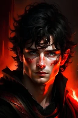 A young striking Lord Of The Rings like man with black messy hair and short beard, exuding an air of fierceness. His fiery red eyes hint at mystery and intelligence.