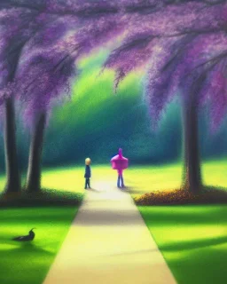 park mystical dream, park bench, man, woman, child, dog, trees, path, bird, sunshine, mystical, fantasy, romanticism, pastel colors, daylight, daytime, acrylic painting, detailed, soft focus,