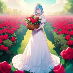 very gorgeous anime girl wearing a yellow and white dress ,standing in a meadow of flowers, spreading rose pedals on the ground. beautiful eyes and a stunning smile, blue eyes, two blue eyes, perfect nose and rosy cheeks and red lips. girl is holding a basket with flowers in it. girl has flawless face. simetrical face