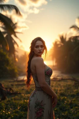A hyper-realistic,detailed A female , standing in the middle of a lush tropical island, the sun setting in the background. Photo Real, HOF, full size, , design, practicality,manufacturability,performance, (((realism, realistic, realphoto, photography, portrait, , realistic, beautiful, elegant, charming, apocalyptic environment, professional photographer, captured with professional DSLR camera, trending on Artstation, 64k, ultra detailed, ultra accurate detailed, bokeh lighting, surrealism, Thoma