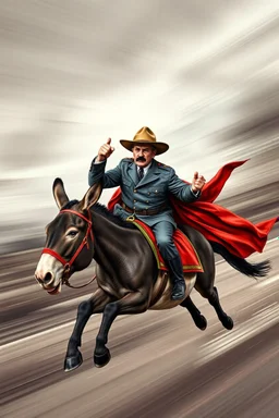 Mexican farmer Hitler on fast superhero donkey, airbrush and pen outline, motion blurred background