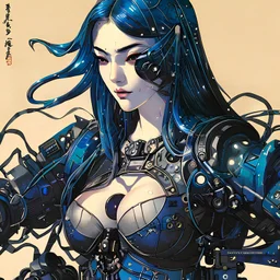 beautiful cyberpunk huge girl, hyperdetailed, illustration by Katsushika Hokusai, darkblue tones,