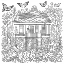 GARDEN HOUSE, ""Botanical Bliss: Embrace the joy of intricate botanical patterns.", full view, realistic, coloring page, only draw lines, coloring book, clean line art, wildlife-inspired, kid style, –no sketch, color, –ar 3:4, white background, minimalistic black lines, 8k, minimal black color, low level black colors, coloring page, use pure black and white colors, avoid thick black colors, thin black line art, avoid colors, perfect shape, perfect clear lines, clear edges,