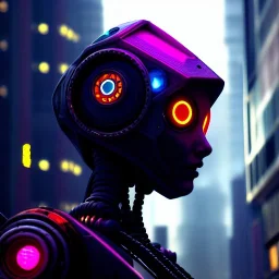 portrait,beautiful robot, post-apocalyptic in a cyberpunk city, realistic, intriacte detail, sci-fi fantasy style, volumetric lighting, particles, highly detailed ,cinamatic , deep colours,8k, by Caravaggio