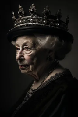 Queen Elizabeth II cinematic look Dark look photorealistic detailed