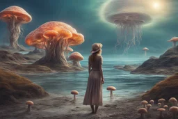 woman standing on the shores of an alien world, with mushrooms with jellyfish tentacles, floating in the air, photorealistic, Detailed Matte Painting, Deep Colour, Fantastical, Intricate Detail, sunshine