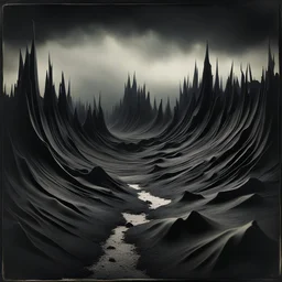 Dark creepy landscape, strong texture artistic polaroid volumetric light, Yves Tanguy, 8k 3d abstractism