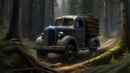 a lumperjack drives with his 1940s truck through the forest, a variety of small details in the background, masterpiece, hyperdetailed, trend in the artstation, intricate details, highly detailed, highly detailed, digital painting, perfect result, ultra hd, realistic, vivid colors, highly detailed, UHD drawing, pen and ink, perfect composition, beautifully detailed, intricate, intricate octane rendering trending on artstation, 8k art photography, photorealistic concept art, perfect light, soft na