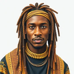 create a black and dark skinned man, a brown and gold dashiki, black pants, brownish gold dreadlocks pencil image