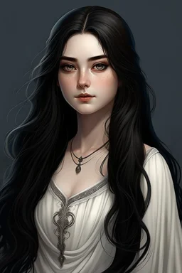 a 16 year old woman, white skin, long wawy black hair, beautiful round face, black eyes, round body, in a white dress, realistic epic fantasy style