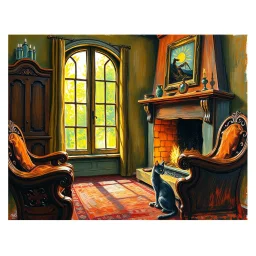 Create An expressive painting in the style of Vincent van Gogh. A living room scene with carved wooden furniture and a fireplace, painted with thick, swirling brushstrokes. A curious cat sits near the fire. Sunlight pours through an antique window in vivid yellow and orange tones. Emotional, textured, and dynamic. --v 7 --style raw --ar 3:2