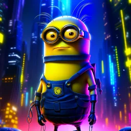 "Generate an edgy and inventive artwork reimagining the 'Minions' from 'Despicable Me' as tech-savvy hackers. Infuse them with a cyberpunk aesthetic, outfitting them with futuristic attire and high-tech gadgets. Place them in a neon-lit, bustling metropolis filled with digital interfaces and holographic displays. Convey a sense of unity and purpose as they work together in this cybernetic world, showcasing their newfound proficiency in hacking and digital mischief." add a big menonite beard